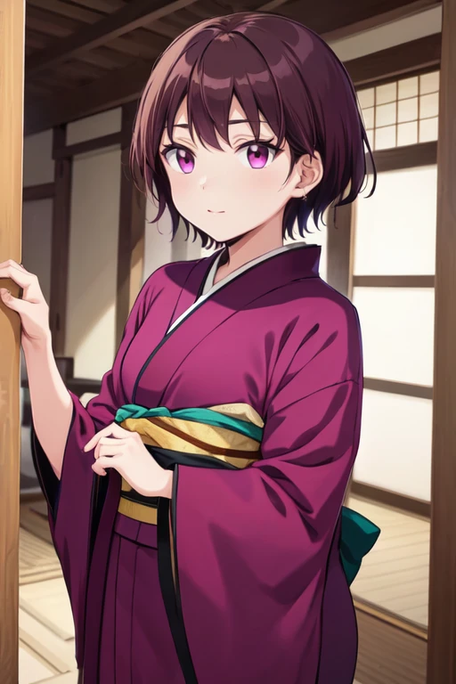 <lora:HinataOkanoR4:0.7>, HinataOkanoR4, brown hair, short hair, purple eyes,kimono, masterpiece, highres, best quality,