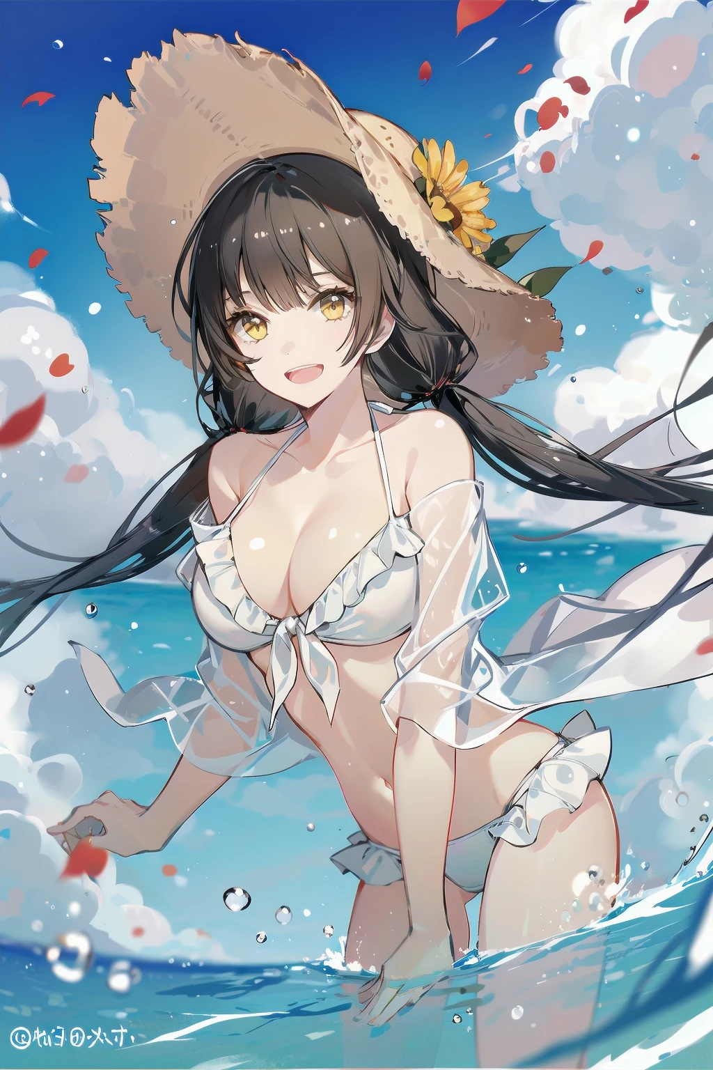 -1girl, solo, swimsuit, black hair, breasts, hat, long hair, bikini, flower, cleavage, wading, looking at viewer, white bikini, twintails, navel, large breasts, straw hat, smile, frilled bikini, low twintails, day, yellow eyes, water, sky, open mouth, see-through, brown eyes, sun hat, collarbone, front-tie top, outdoors, off shoulder, petals, frills,cat girl,<lora:cat girl-000018:0.8>,