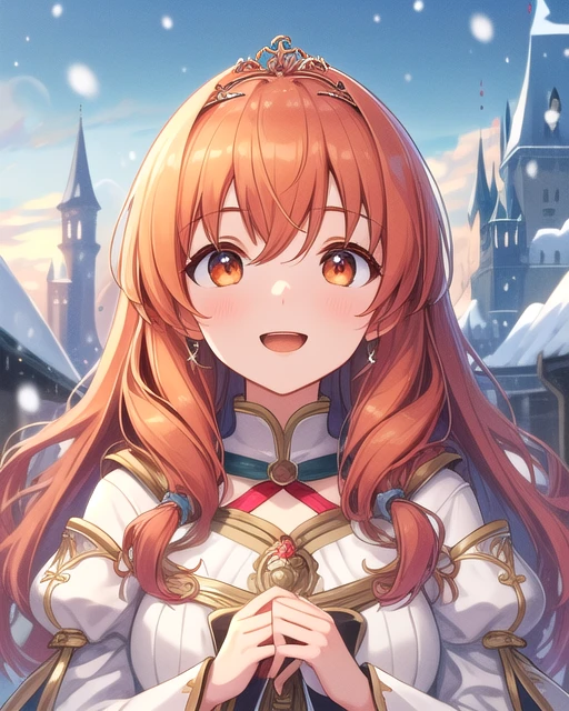 best quality, masterpiece, highres, detailed, digital artwork, <lora:Tools - add_detail:0.2>, SnowWonder, <lora:Scene - SnowWonder:0.8>, excited, upper body, BREAK CelicaFE, orange eyes, orange hair, tiara, white clothes, castle, <lora:Character - CelicaFE:0.6>
