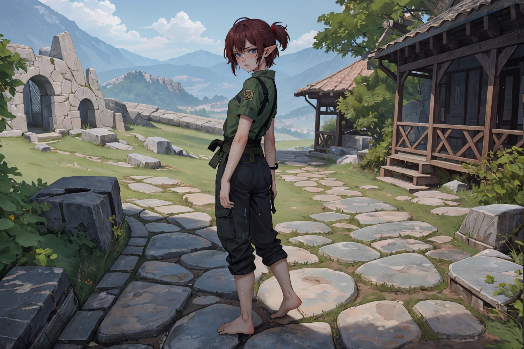 (expressive:1.2)
looking at viewer
 barefoot, soles
sweat, sweaty  1boy
<lora:GodPussy1 v4 Inpainting:0.325> godpussy1 rear pussy 
<lora:detail_slider_v4:0.5>, <lora:GoodHands-vanilla:0.8>,
1girl, elf, tomboy,
fantastic scenery, outdoors, stone walkway, standing, facing to the side, Yoji Shinkawa, bored[::1]
dark red half-up half-down hairstyle hair, <lora:realistic:0.1>