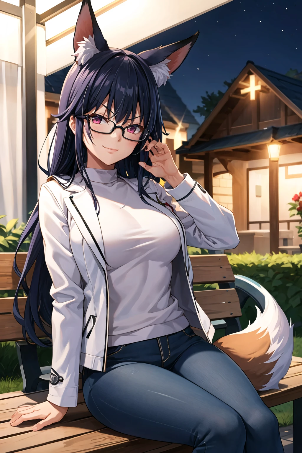 1girl, solo, sidelocks, twinbraids, (black hair), red eyes, smug, smirk, glasses, sitting, bench, partk, at night, long hair, white sweater, leather jacket, (white jacket:1.2), fox girl, fox ears, fox tail, jeans, black tail,  <lora:Oni-noboru-Style-v1_509788:1>