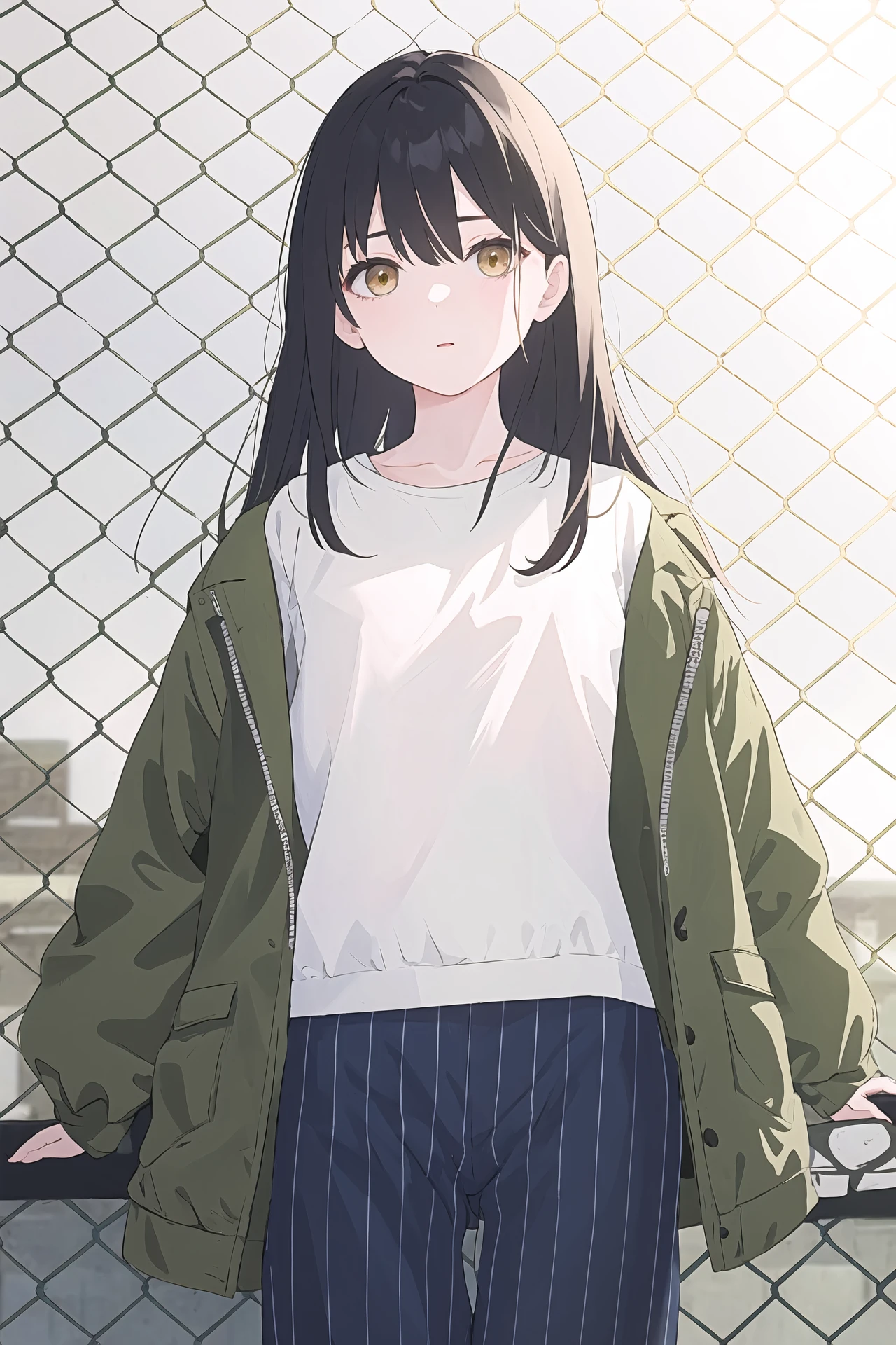 (best quality, masterpiece, highres),1girl,solo,chonmage,jacket,striped_pants,
<lora:chain-link fence_v1.05:1>,chain-link fence,