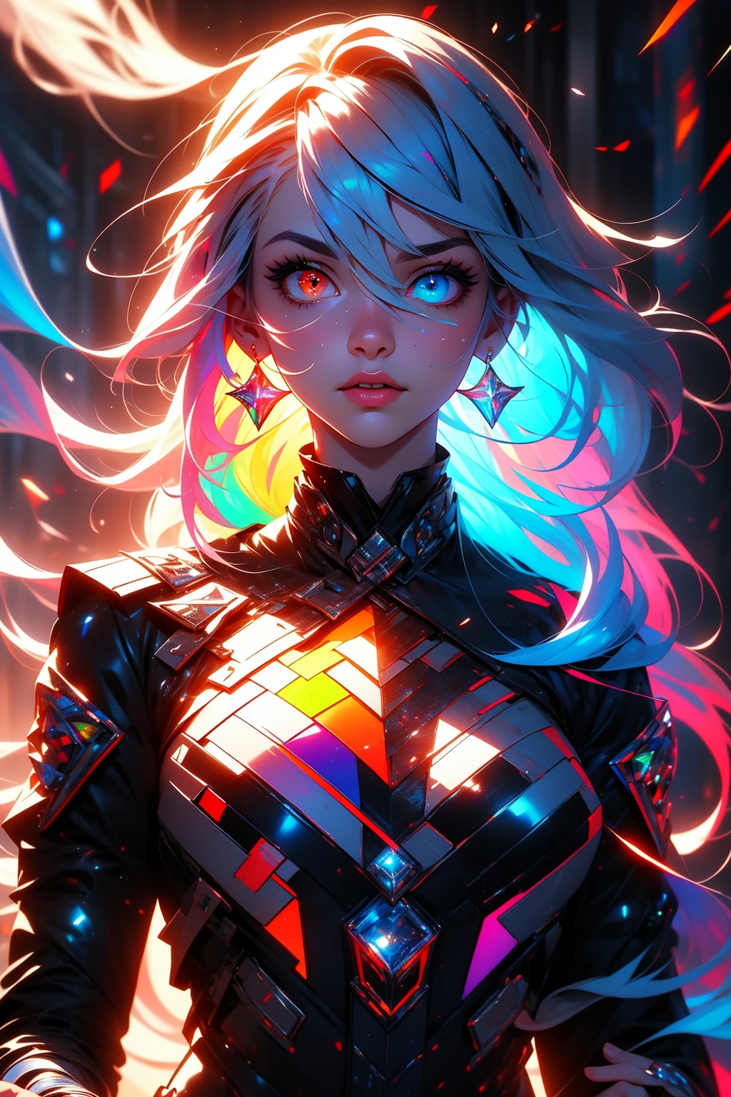 {{masterpiece}},  best quality,  extremely detailed CG unity 8k wallpaper,  cinematic lighting,  lens flare,  beautiful detail eyes,  black,  side glance,  multicolor hair,  colorful light,  particles,  ((heterochromia)),  multicolored_eyes,  (colorful:1.5)