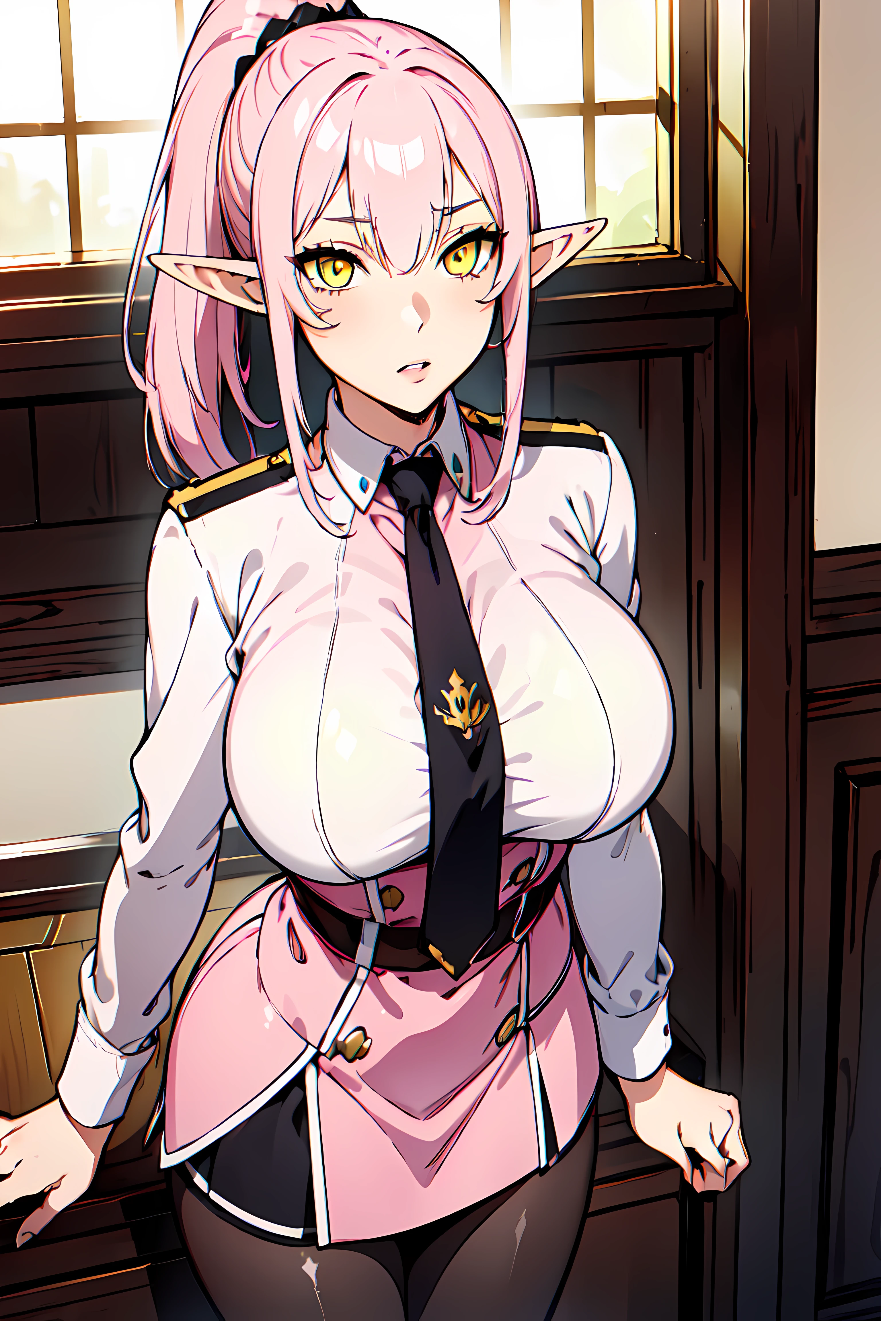 masterpiece,best quality,
1girl,big breasts, waist ,slender,
<lora:Character_ort_ariane_skeltonknight_v0.3:0.7>
ariane, 
high ponytail,pink hair, pointy hair , elf, yellow eyes
police uniform,white shirt, necktie, short skirt,  pantyhose
watching at viewer,waist shot
<lora:Style_hews_style:0.4> <lora:Style_cutesexyrobutts_v2:0.1>
<lora:Style_puuzaki-puuna-lora-v1:0.1> <lora:Style_anmnr01AOM3A1:0.2>
<lora:Concept_Round_Breasts_V7:0.3>ROUND BREASTS, medium BREASTS