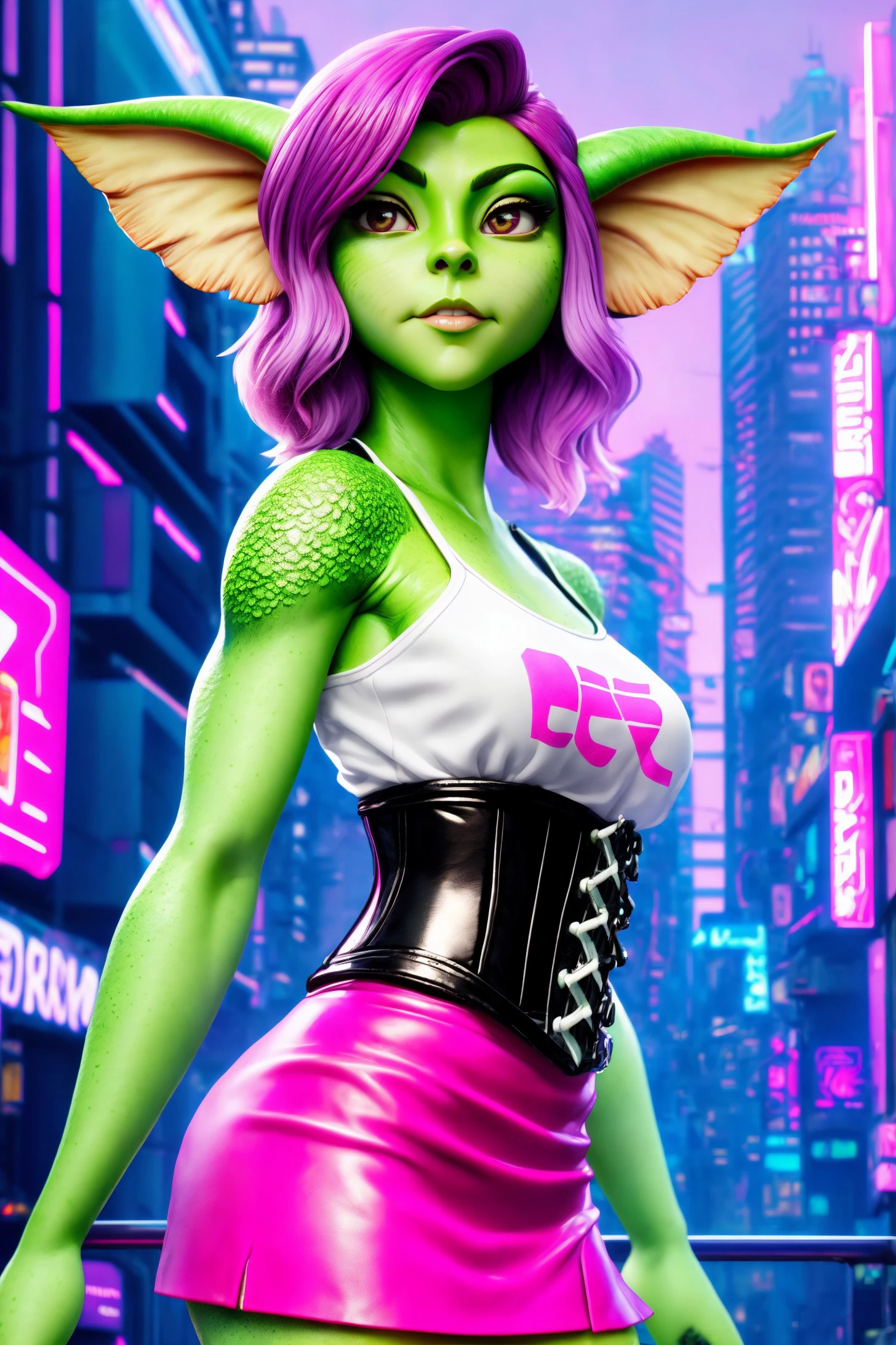 cute gremlin girl with green skin, owler style, realistic, brown eyes, realistic, standing, cherrmous style, closeup,
corset, leather skirt, pink shirt, cyberpunk city at background, purple hair,
([ivy lebelle|violet starr|ivy lebelle]:0.9), 21 year old,
, alluring, attractive, amazing photograph, masterpiece, best quality, highres, 
<lora:gremlin_girl_1:0.85>