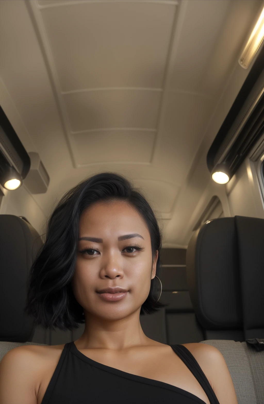 @chanel.uzi, Chanel Uzi\(Person\), masterpiece, 1girl, ((portrait shot)), medium breasts, black eyes, black hair, pink lips, earrings , closed mouth, looking at viewer, clothes, ,short hair, background: train car interior,  solo, upper body, <lora:Chanel Uzi V2:1>