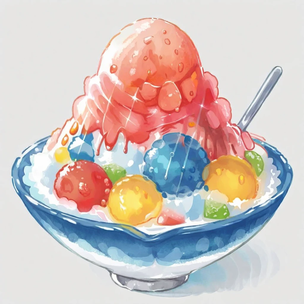 An image in watercolor style featuring a bowl of shaved ice, topped with vibrant, colorful syrups in shades of red, blue, and green. The ice glistens with a realistic texture, while the syrup flows down in a visually appealing manner. The bowl is set against a light, neutral background, which highlights the refreshing and colorful nature of the shaved ice. The watercolor technique should give a soft, fluid feel to the image, with blended colors and a slightly blurred effect that captures the essence of the medium,<lora:waterdrawfd:0.85>