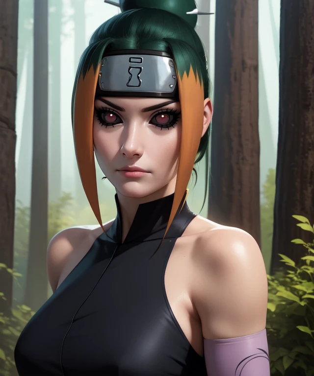 konan (naruto), 1girl, solo, breasts, yellow_eyes, upper_body, looking_to_the_side, makeup, zipper, rain, paper, nose, open clothes, paper jutsu, upper body, akatsuki outfit, labret piercing