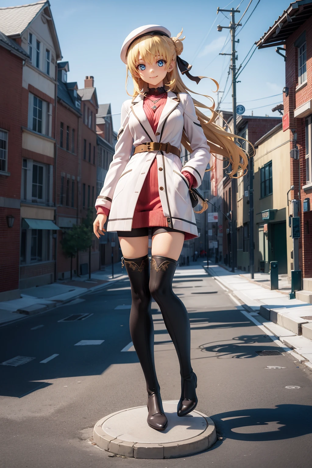 smile,sitting,crossed legs,
<lora:agneslV3-000008:0.7>,agnesgf,game style,blonde hair,hair bun,low-tied long hair,very long hair,braid,hair ribbon,red beret,blue eyes,||black collar,necklace,white coat,long sleeves,pink sweater pencil dress,brown belt,handbag,black pantyhose,brown knee boots,outdoors,cityscape,, masterpiece,best quality,ultra detailed,high quality,illustration,perfect anatomy,bedroom,
(full body:1.5),(standing:1.2),looking at viewer,<lora:æåPVCmerdV1:1>,