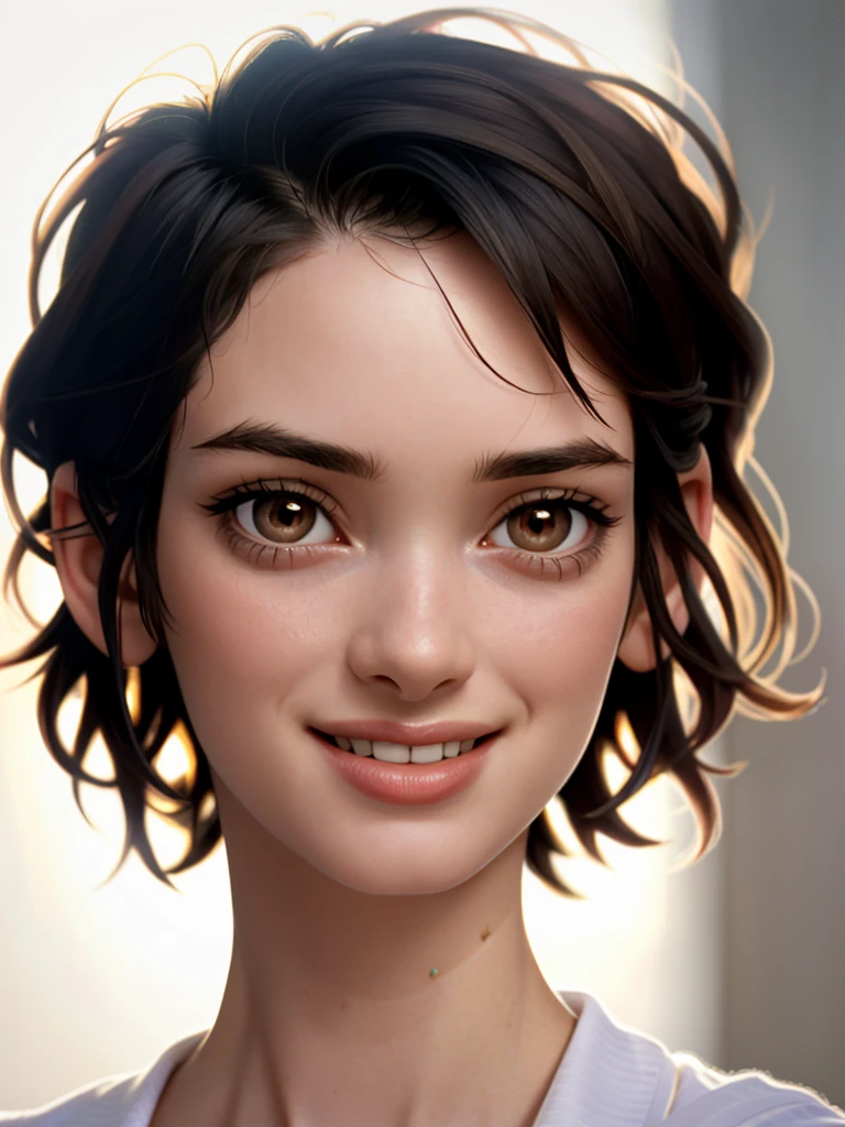 Realistic photo of a beautiful w1n0n4r woman,1girl,solo,looking at viewer,smile,short hair,simple background,black hair,brown eyes,teeth,lips,portrait,realistic,nose,soft lighting, professional Photography, Photorealistic, detailed, RAW, analog, sharp focus, 8k, HD, high quality, masterpiece<lora:w1n0n4r:1.0>