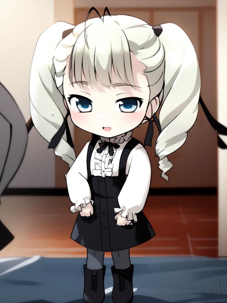 <lora:Aino_Pekonen:1>, AinoPekonen, 1girl, solo, drill hair, pantyhose, skirt, blue eyes, twintails, chibi, long sleeves, ribbon, boots, twin drills, suspenders, shirt, open mouth, hair ribbon, suspender skirt, smile, full body, looking at viewer, black skirt, standing, frills, v arms, grey hair,