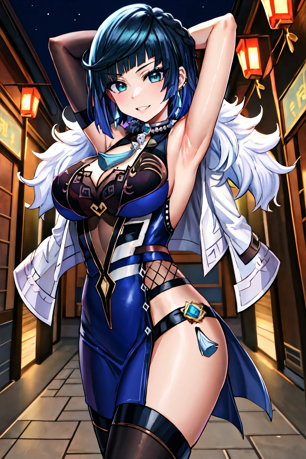 masterpiece, best quality, yelan \(genshin impact\), 1girl, breasts, solo, bangs, armpits, smile, cleavage, jewelry, gloves, jacket, dice, mole, cloud, grin, dress, blush, earrings, thighs, tassel, sleeveless, day, outdoors, large breasts, looking at viewer, green eyes, arms up, short hair, blue hair, vision (genshin impact), fur trim, white jacket, mole on breast, arms behind head, bob cut, multicolored hair, black hair, fur-trimmed jacket, elbow gloves, bare shoulders, blue dress, parted lips, diagonal bangs, clothing cutout, pelvic curtain, asymmetrical gloves,Chinatown, cinematic, warm lights, dramatic light, (intricate details:1.1), complex background <lora:Yelan_Hard:1> <lora:hanasaka-houcha-Style-v1_525004:1>