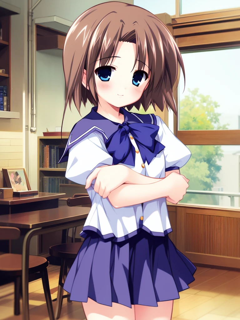 <lora:Shiki_Akimi:0.8> ShikiAkimi, 1girl, solo, blue eyes, skirt, brown hair, crossed arms, short sleeves, bow, school uniform, short hair, cowboy shot, puffy sleeves, shirt,  bowtie, puffy short sleeves, pleated skirt, blue bow, white shirt, looking at viewer, blue bowtie, blush, ryuuguu rena, blue skirt, ribbon, schoo in the room, smile,
blush,
masterpiece, high quality, very_high_resolution, large_filesize, full color,