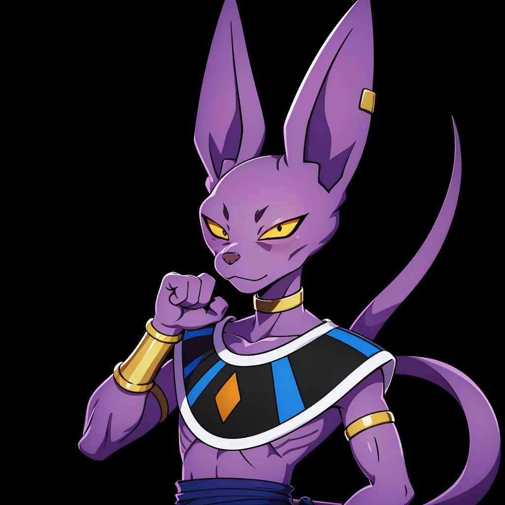Best_QualityPos, RAW photo, intricate details, best quality, 8k uhd, soft lighting, 1boy, solo, black eyes, colored sclera, yellow sclera, animal ears, cat tail, colored skin, purple skin, collarbone, earrings, bracelet, jewelry, armlet, armband, choker, egyptian clothes <lora:Beerus:0.7>