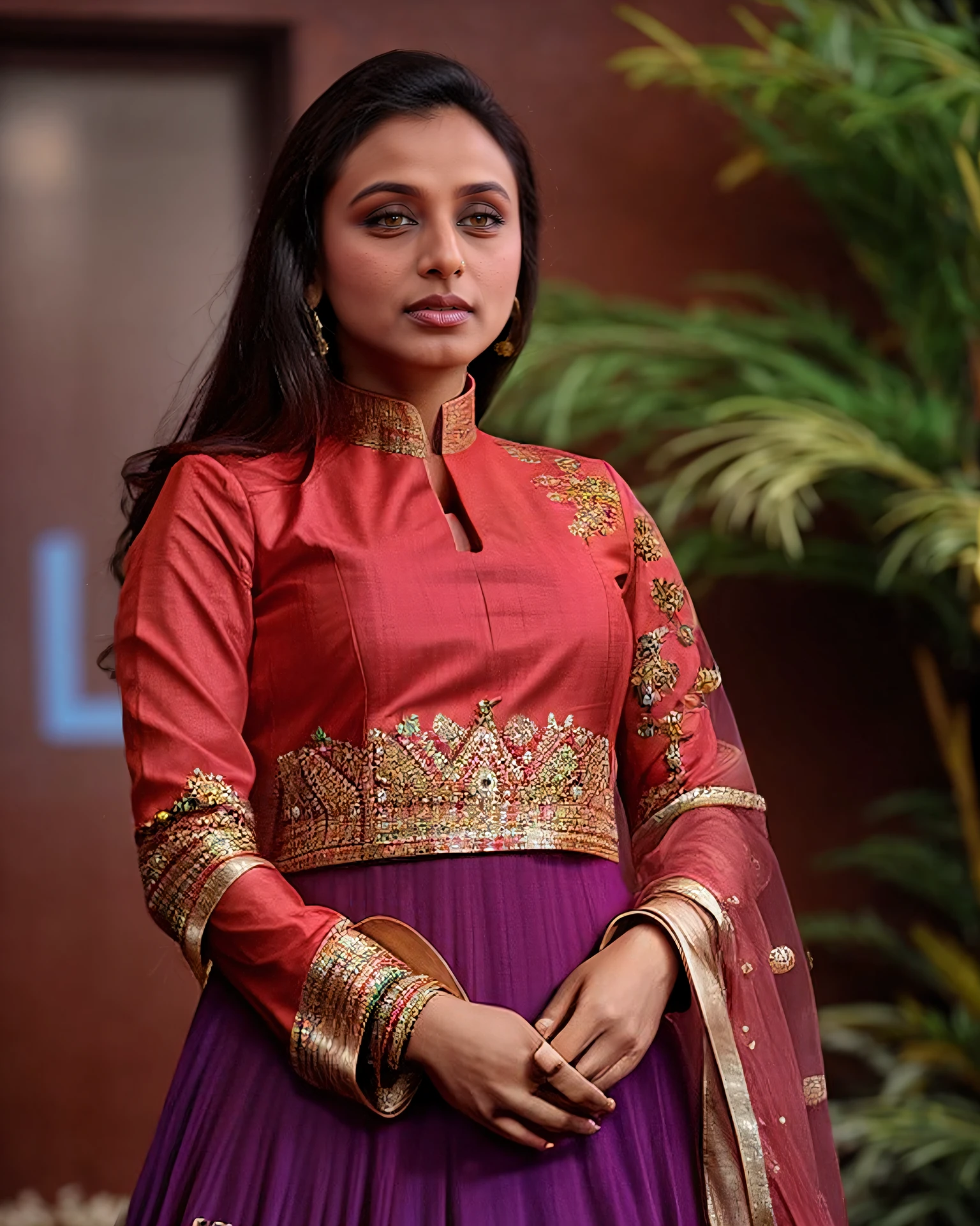 profile photo of a rmuk woman, wearing colorful high-neck Anarkali Suit covering chest and breasts, looking at camera, film grain, perfect eyes, beautiful bokeh <lora:rmuk_Rani_Mukerji_local_Adafactor_Local_fp16-000003:1>