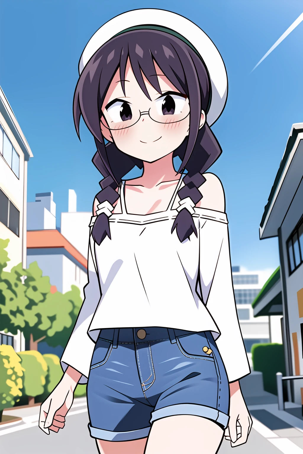 (absurdres:1.1, highres:1.1, ultra detailed:1.1)
(fushigi_reiko:1.1), 1girl, solo
beret, frilled shirt, white shirt, off-shoulder shirt, jeans
smile, blush
cowboy shot, walking
BREAK
outdoors, city
<lora:fushigi_kenkyuubu_reiko_styles_inc_v1:1.0>