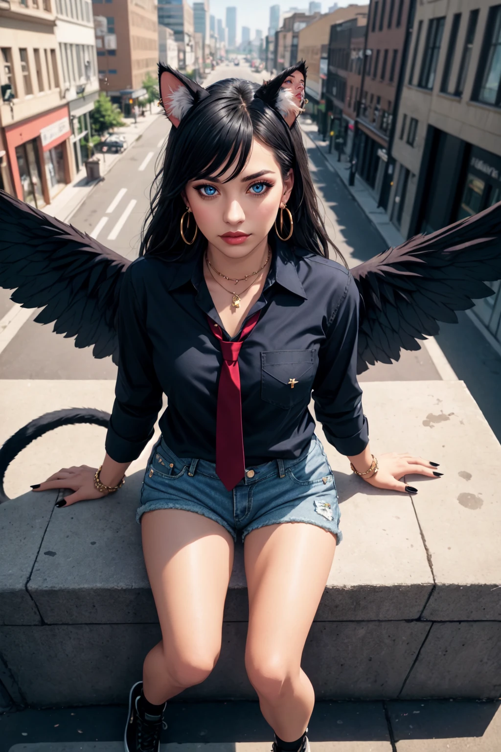 1girl, solo, long hair, looking at viewer, blue eyes, shirt, black hair, long sleeves, animal ears, jewelry, sitting, closed mouth, tail, full body, earrings, outdoors, wings, necktie, shoes, shorts, collared shirt, cat ears, nail polish, black footwear, lips, cat tail, animal ear fluff, black shirt, short shorts, from above, piercing, looking up, denim, wing collar, cat girl, red necktie, building, ear piercing, black nails, feathered wings, denim shorts, pocket, city, white wings, breast pocket,realistic, CANON EOS MARK IV, Ultra sharp, specular highlights, LUT like a , 32k UHD,