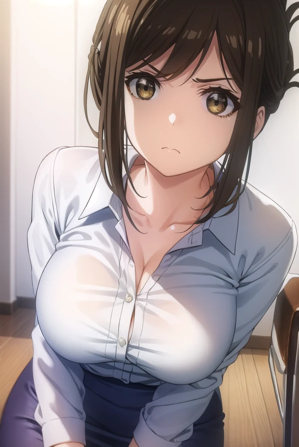 kanakojima, <lora:kana kojima s1-lora-nochekaiser:1>,
kana kojima, brown hair, (brown eyes:1.5), folded ponytail, angry, frown,
BREAK shirt, cleavage, white shirt, skirt, pencil skirt,
BREAK indoors, classroom,
BREAK looking at viewer, (cowboy shot:1.5),
BREAK <lyco:GoodHands-beta2:1>, (masterpiece:1.2), best quality, high resolution, unity 8k wallpaper, (illustration:0.8), (beautiful detailed eyes:1.6), extremely detailed face, perfect lighting, extremely detailed CG, (perfect hands, perfect anatomy),