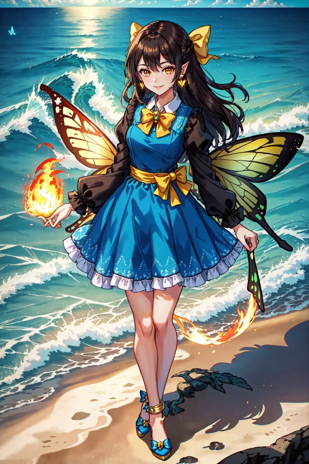 HellFae, 1girl, solo, long hair, fairy girl, fairy wings, butterfly, looking at viewer, smile, shirt, black hair, long sleeves, dress, bow, ribbon, brown eyes, jewelry, standing, full body, yellow eyes, hair bow, earrings, outdoors, sky, day, cloud, bowtie, water, black dress, high heels, blue dress, shadow, ocean, beach, fire, white bow, brooch, yellow bow, anklet, railing, horizon, collared dress, yellow bowtie, yellow footwear, waves, shore, burning, on fire<lora:HellFae:0.5>