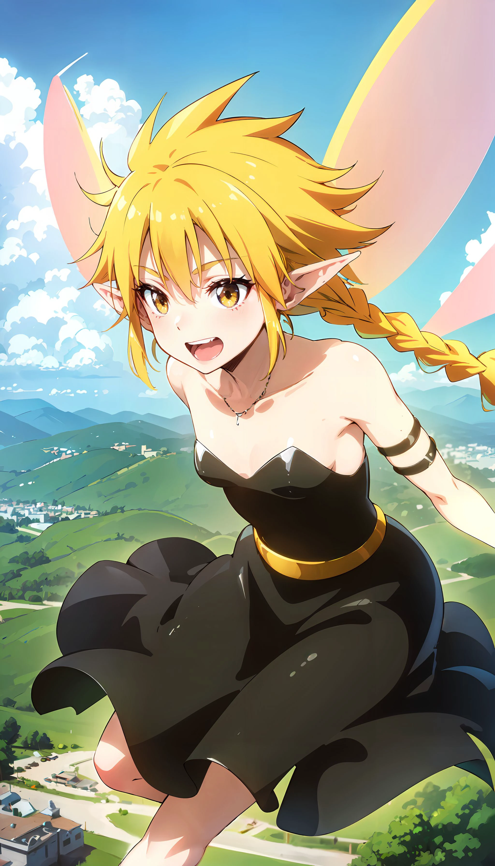 photorealistic, (4k), depth of field, (Masterpiece), (realistic skin texture), extremely detailed, intricate, hyper detailed, professional photography, bokeh, high resolution, sharp detail, best quality, fairy, black dress, strapless dress, (fairy wings:1.2), blonde hair, twin braids, gold belt, black armguards, armlets, yellow eyes, <lora:Ramiris-000004:0.7> , (flying:1.5), above clouds, in sky, blue sky, (clouds:1.3), between clouds, happy, landscape far away,