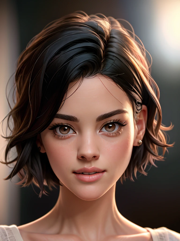 Realistic photo of a beautiful j41m134 woman,1girl,solo,looking at viewer,short hair,black hair,brown eyes,parted lips,teeth,lips,portrait,realistic,nose,soft lighting, professional Photography, Photorealistic, detailed, RAW, analog, sharp focus, 8k, HD, high quality, masterpiece<lora:j41m134:1.0>