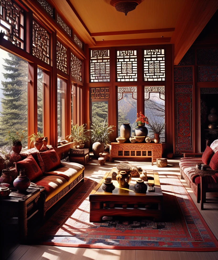 Tibetan-style interior design,no humans,scenery,lattice,architecture,east asian architecture,table,window,indoors,tree,vase,plant,teapot,rug,potted plant,scroll,cushion,carpet,wooden floor,<lora:Tibetanstyle:0.9>,