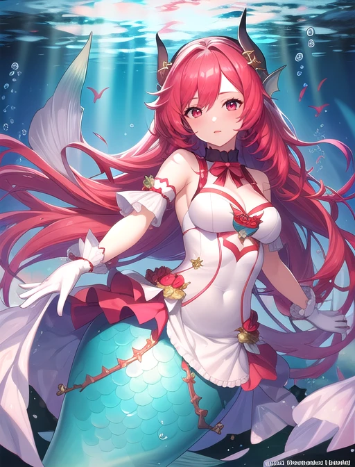 best quality, masterpiece, highres, detailed, digital artwork, <lora:Tools - add_detail:0.2>, AngeVG, <lora:AngeVG:0.8>, 1girl, red hair, long hair, red eyes, head fins, mermaid, underwater, white dress, frills, gloves, horns,