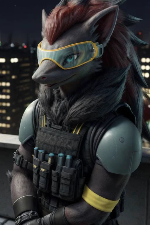 ASCIIreal e621, photorealistic, masterpiece, high-angle portrait, furred zoroark_(pokemon), furred zoroark_(pokemon) teal eyes, wearing gloves and cyan uniform with PASGT bulletproof vest with yellow stripes and helmet with tinted full-face glass visor and reflective yellow armband, nighttime, on rooftop,