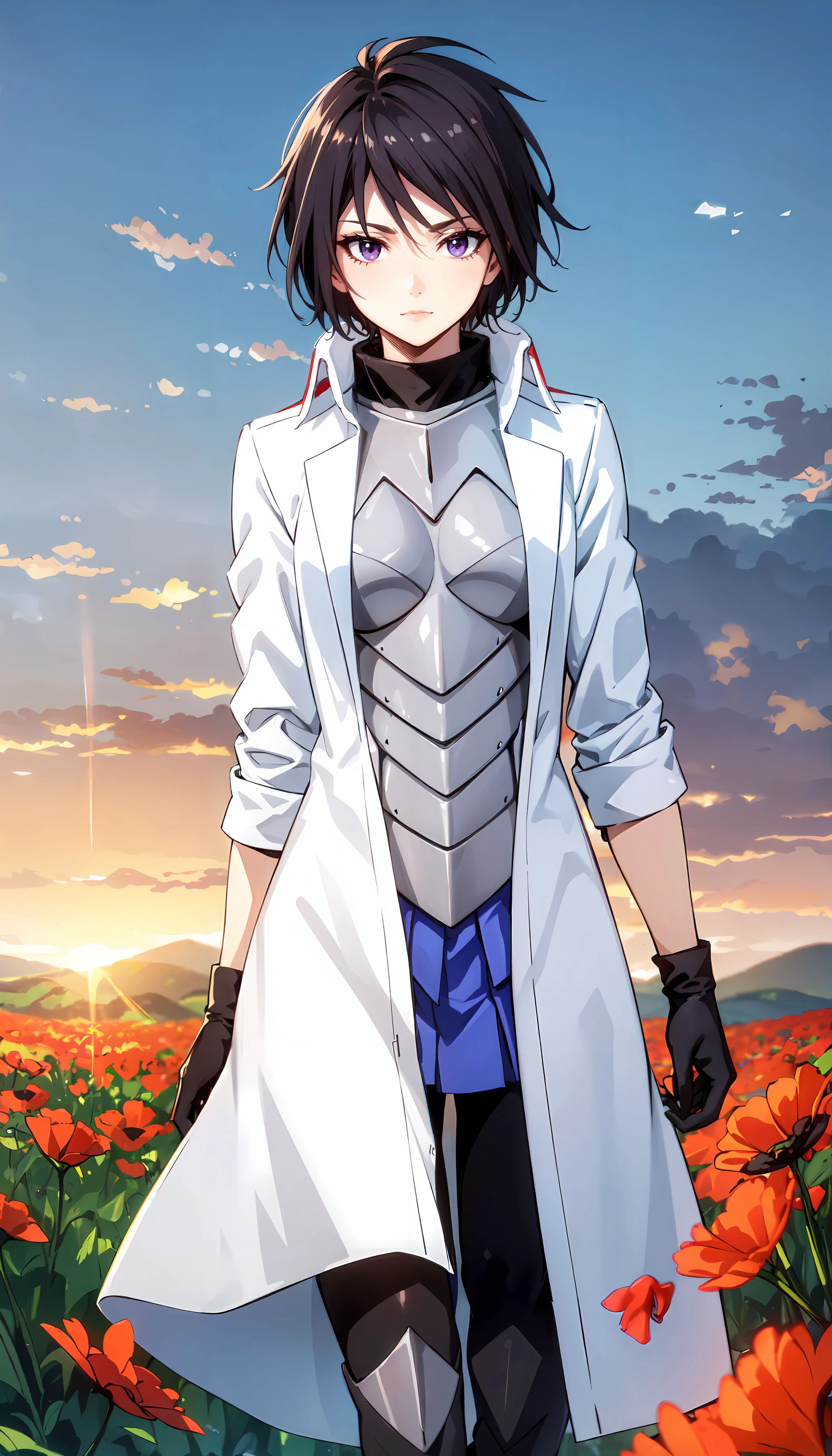 photorealistic, (4k), depth of field, (Masterpiece), (realistic skin texture), extremely detailed, intricate, hyper detailed, professional photography, bokeh, high resolution, sharp detail, best quality, woman, white coat, breastplate, black pants, purple skirt, short hair, black hair, purple eyes, high collar, black gloves, <lora:Hinata_Sakaguchi:0.7> , walking, poppy field, (sunset), pedal, <lora:GoodHands-vanilla:0.8>