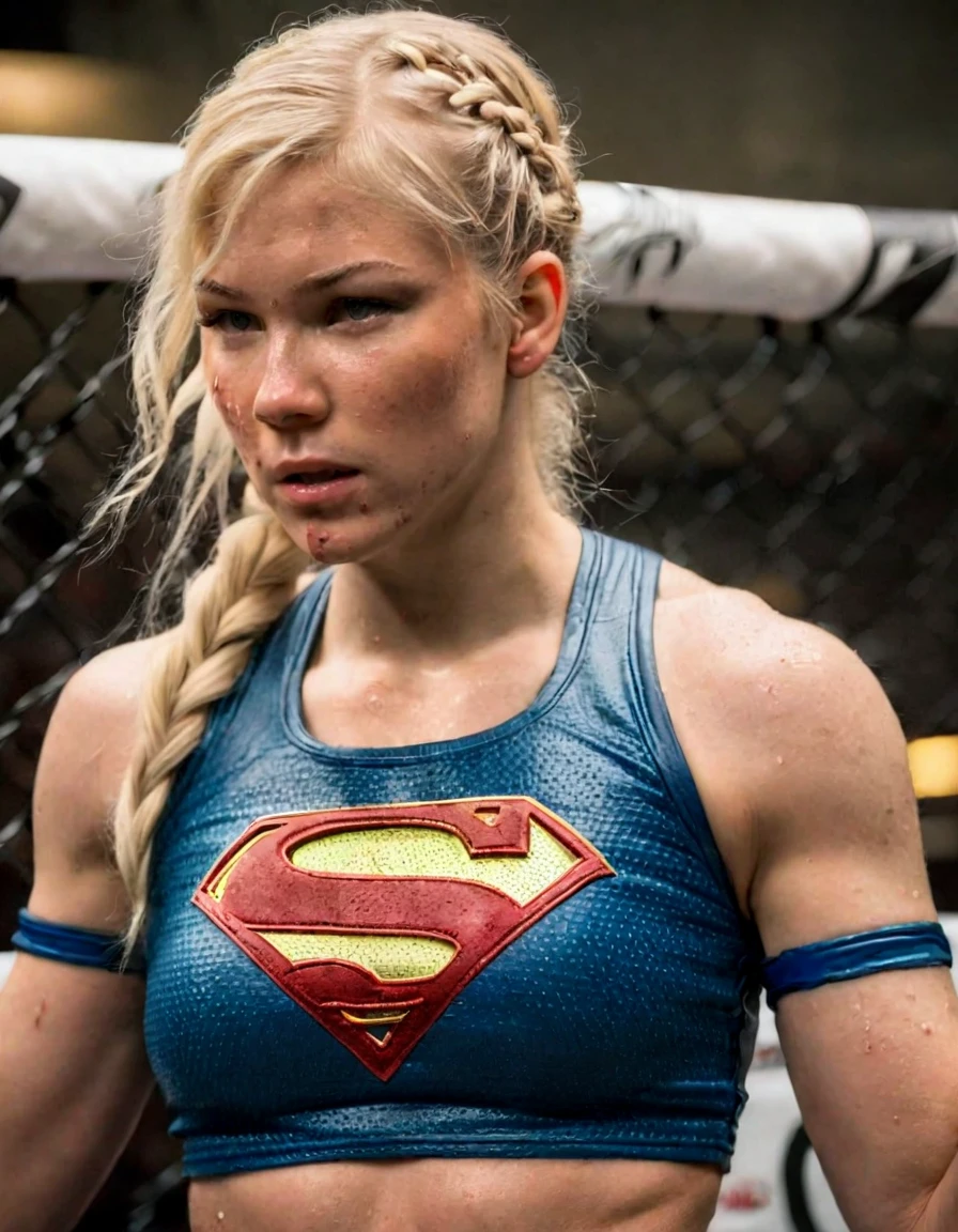 <lora:8C06794BDD:1> full photograph of a blonde MMA Fighter making her enterance, braided blonde hair, (sweaty:1.5), imperfect, acne, hd, wearing ultra detailed supergirl outfit, detailed upperbody, photo by ingrid baars