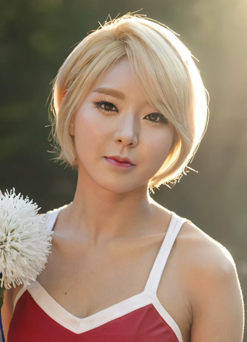 a beautiful picture of ch04xlv2,blonde,short hair, detailed skin texture,masterpiece, face focus, photorealistic, woman, 4k, HDR, backlighting, bloom, light, RAW color photo,(fully in frame:1.1), (blush:0.5), (goosebumps:0.5), wearing a cheerleader outfit, asian. happy, idol <lora:ch04xlv2:1>, korean,