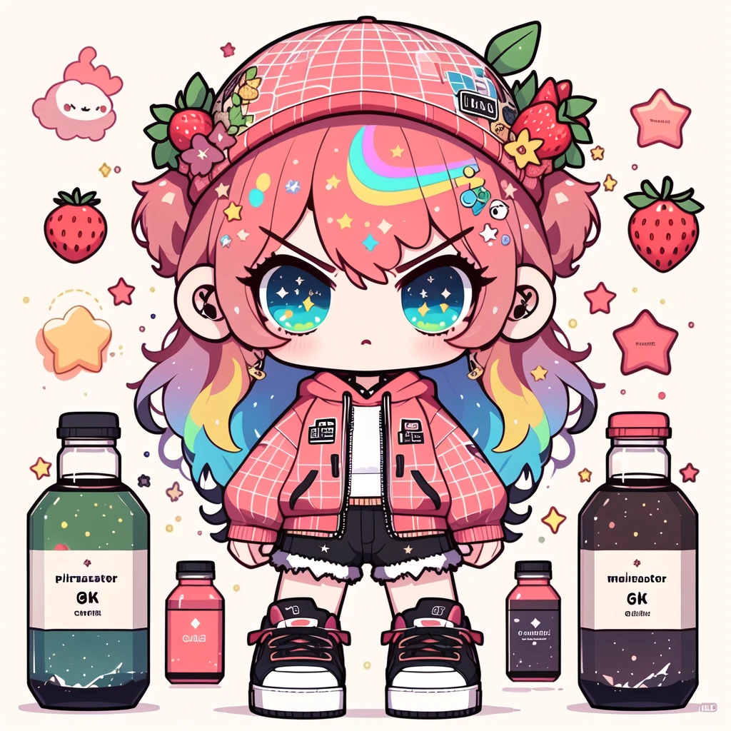 (masterpiece:1.2),(best quality:1.2),(8k),(wallpaper),((solo)),((white background)),1girl,fruit,blue eyes,food,pink hair,hat,multicolored hair,solo,hair ornament,flower,rainbow,hood,hoodie,long hair,shorts,star (symbol),shoes,looking at viewer,bottle,gradient hair,strawberry,planet,sneakers,standing,apple,<lora:add_detail:-0.5>,<lora:BBv1:0.8>,((angry)),