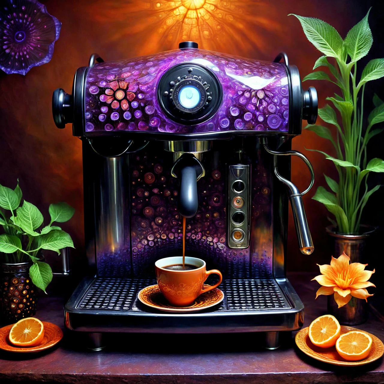 a magnificent espresso machine in a kitchen, very detailed, intricate, dw01-3400, warm colour palette