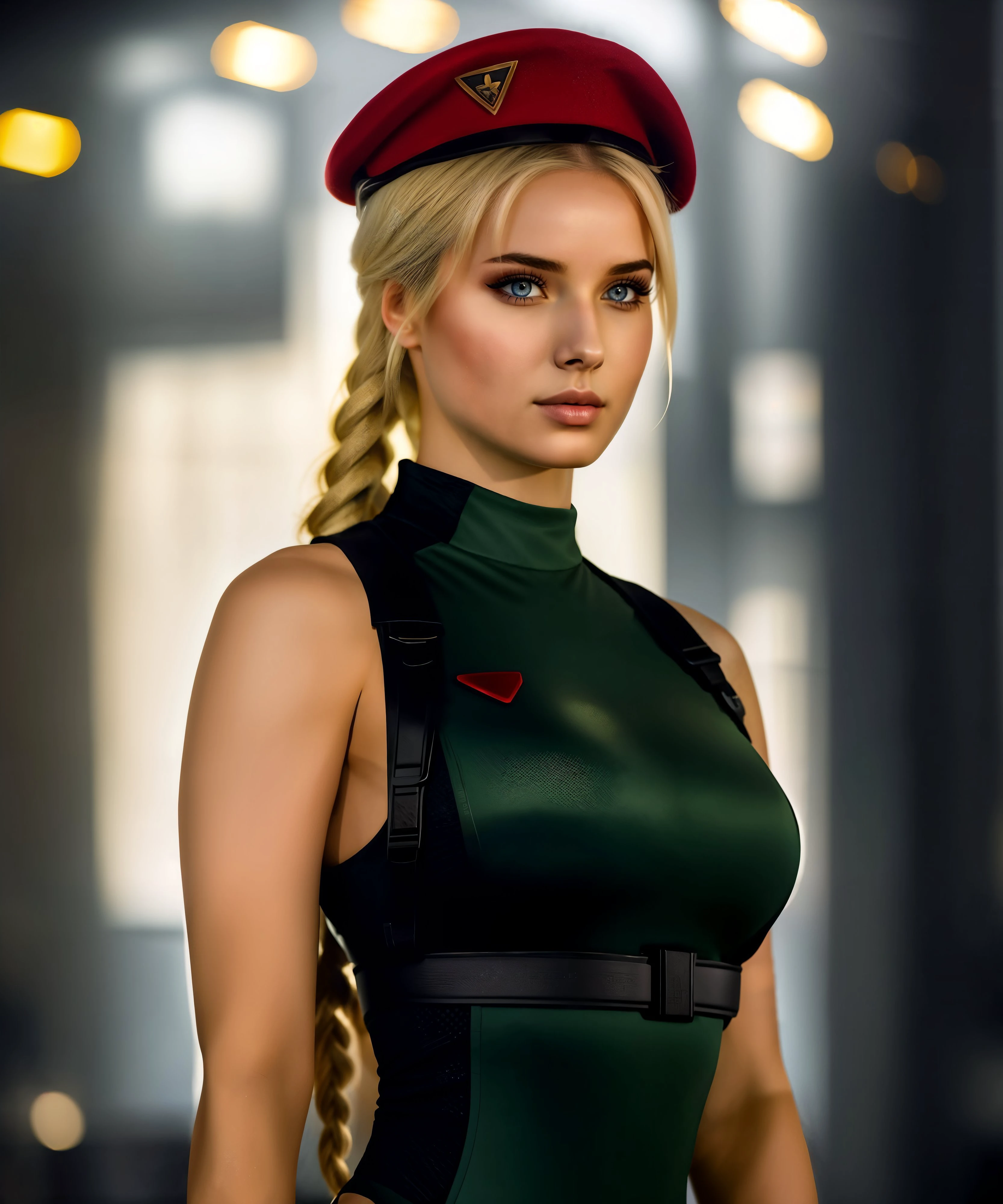 a cute woman, cammy, (half body, perfect breast, close up:1.2), looking at viewer, in military base, complex background, perfect lighting, volumetric lighting, internal glow, Best Quality, 8k, UHD, posing by conor harrington <lora:Cammy:0.75>