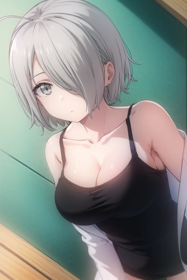 chizurutachibana, <lora:chizuru tachibana s1-lora-nochekaiser:1>,
chizuru tachibana, short hair, ahoge, grey hair, (hair over one eye:1.5), (grey eyes:1.5),
BREAK lab coat, (white lab coat:1.5), camisole, (black camisole:1.5), collarbone, cleavage, shorts,
BREAK indoors, classroom,
BREAK looking at viewer, (cowboy shot:1.5),
BREAK <lyco:GoodHands-beta2:1>, (masterpiece:1.2), best quality, high resolution, unity 8k wallpaper, (illustration:0.8), (beautiful detailed eyes:1.6), extremely detailed face, perfect lighting, extremely detailed CG, (perfect hands, perfect anatomy),