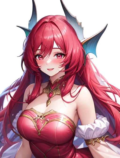 best quality, masterpiece, highres, detailed, digital artwork, <lora:Tools - add_detail:0.2>, AngeVG, <lora:AngeVG:0.8>, 1girl, red hair, long hair, red eyes head fins, jewelry, pink dress, white background, blush, smile, upper body,