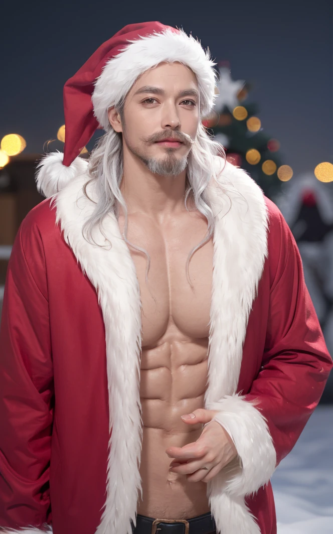 CONCEPT_CHR_SantaClause_ownwaifu, smile,
1boy, blue eyes, white hair, long hair, very long hair, beard, facial hair, mature male, mustache, old man, santa hat, bare pectorals, large pectorals, muscular male, abs, nipples, manly, bara,
fur trim, fur-trimmed jacket, santa costume, open clothes, red jacket, off shoulder,
<lora:CONCEPT_CHR_SantaClause_ownwaifu:1> ,
christmas, snow, christmas ornaments,
((masterpiece)),((best quality)),(highres), bokeh, depth_of_field, scenery, spotlight, focused, looking at viewer, solo, cowboy shot,