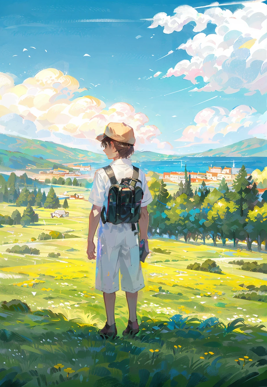 solo, flower, 1boy, outdoors, yellow flower, grass, standing, hat, briefcase, holding, male focus, wide shot, from behind, field, black footwear,ï¼ (illustration:1.0), masterpiece, best quality,  <lora:Speedpainta:0.7>