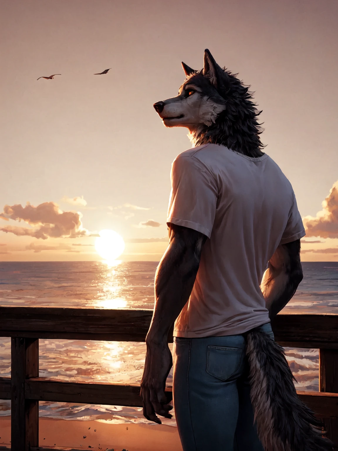A Long Shot,Profile Shot, A dashing male wolf furry in a casual t-shirt and jeans leans against the railing of a boardwalk overlooking the ocean. The salty breeze carries the sound of crashing waves and seagulls as he watches the sunset dip below the horizon. He takes a deep breath and reflects on the day's adventures, feeling grateful for the beauty of the natural world around him. ambient light, natural light, tyndall effect,DSLR camera, advanced lighting for film, Unreal Engine 5,extremely realistic, hi res, cute