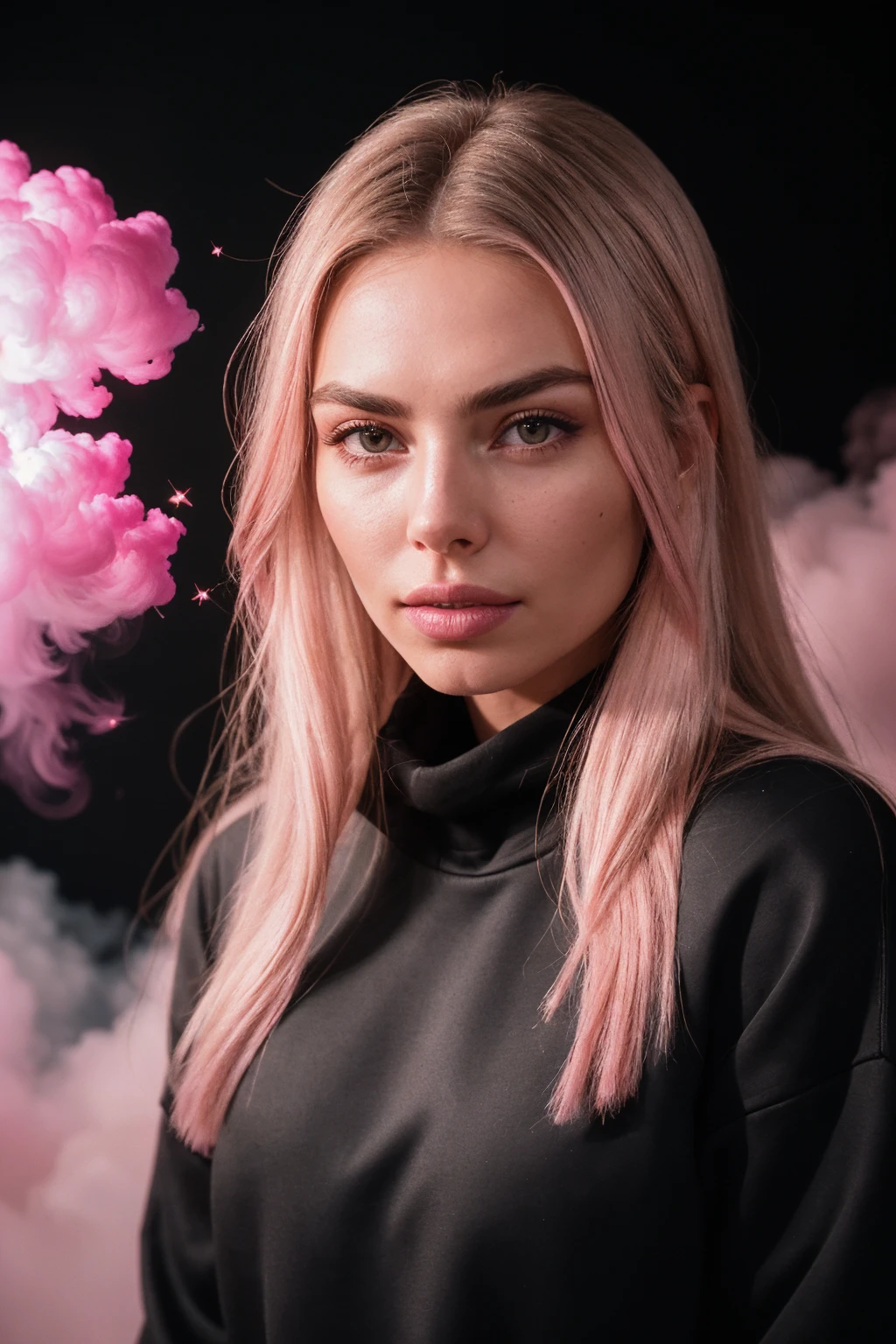 DV_Kira_Vicious (dark blonde Hair :1.4)((Black Theme, Black backdrop:1.4)) (Close-Up Shot, headshot:1.4) wearing (Black sweatshirt :1.4) 35mm, F/2.8 ((Photo Focus, DOF, Aperture, insanely detailed and intricate, character, hypermaximalist, elegant, ornate, beautiful, exotic, revealing, appealing, attractive, amative, hyper realistic, super detailed, heresy flares)) (wink at viewer:1.3)(volumetric pink smoke:1.3) (pink lens flare:1.2)(sharpness:1.3)(details:1.3)