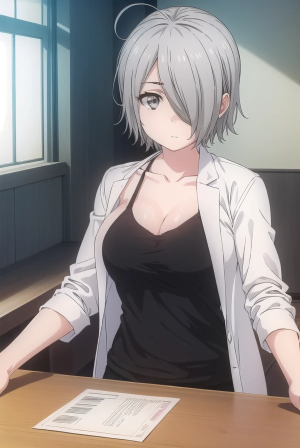 chizurutachibana, <lora:chizuru tachibana s1-lora-nochekaiser:1>,
chizuru tachibana, short hair, ahoge, grey hair, (hair over one eye:1.5), (grey eyes:1.5),
BREAK lab coat, (white lab coat:1.5), camisole, (black camisole:1.5), collarbone, cleavage, shorts,
BREAK indoors, classroom,
BREAK looking at viewer, (cowboy shot:1.5),
BREAK <lyco:GoodHands-beta2:1>, (masterpiece:1.2), best quality, high resolution, unity 8k wallpaper, (illustration:0.8), (beautiful detailed eyes:1.6), extremely detailed face, perfect lighting, extremely detailed CG, (perfect hands, perfect anatomy),