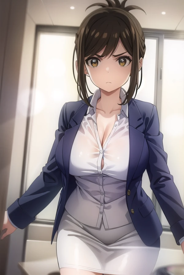 kanakojima, <lora:kana kojima s1-lora-nochekaiser:1>,
kana kojima, brown hair, (brown eyes:1.5), folded ponytail, angry, frown,
BREAK shirt, cleavage, white shirt, skirt, pencil skirt,
BREAK indoors, classroom,
BREAK looking at viewer, (cowboy shot:1.5),
BREAK <lyco:GoodHands-beta2:1>, (masterpiece:1.2), best quality, high resolution, unity 8k wallpaper, (illustration:0.8), (beautiful detailed eyes:1.6), extremely detailed face, perfect lighting, extremely detailed CG, (perfect hands, perfect anatomy),