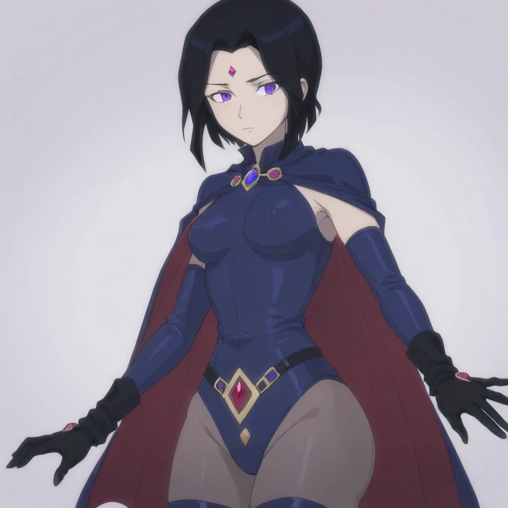 masterpiece,cartoon style,A woman with black hair wearing a suit with black, purple, and blue colors, along with a red jewel on her chest, stands with her hands on her hips. She is dressed in a superhero costume that includes a long-sleeved top, black gloves, a belt, and boots. Her attire features red accents, such as on the belt and jewel on her chest. The background of the image is white., <lora:ravenvs:0.75>
