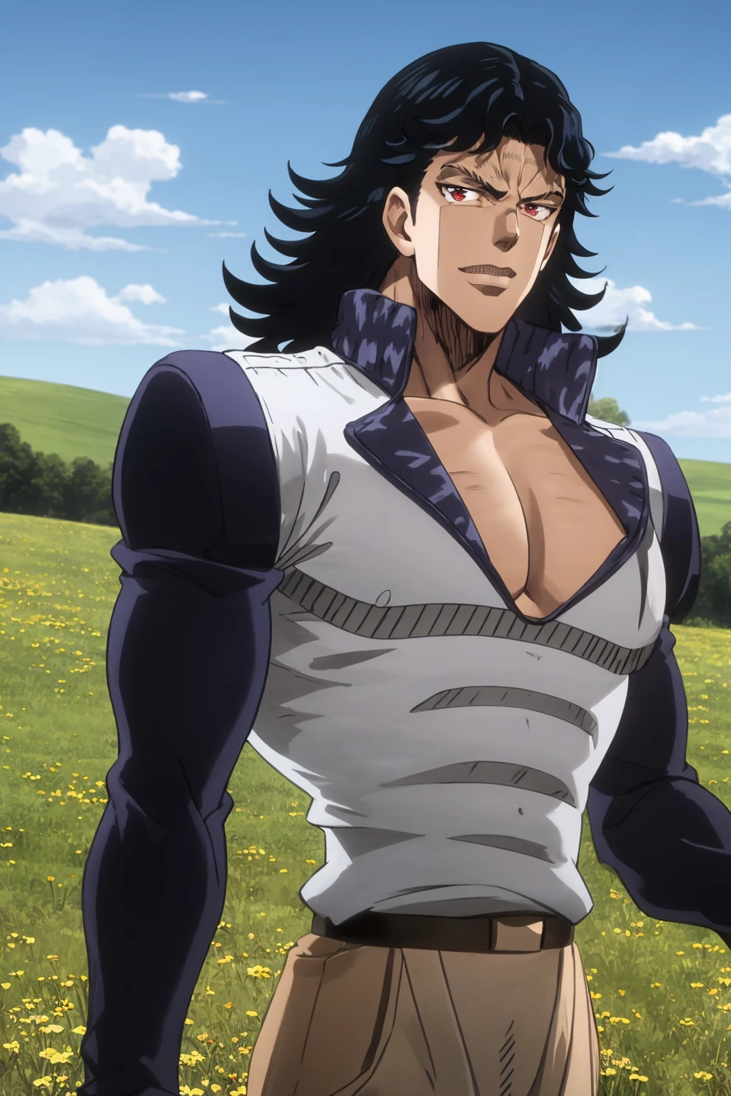 masterpiece, best quality, 1boy, steelydan, black hair, long hair, red eyes, dark skin, pectoral, upper body, looking at viewer, solo, grass, blue sky, meadow background <lora:SteelyDan:0.9>