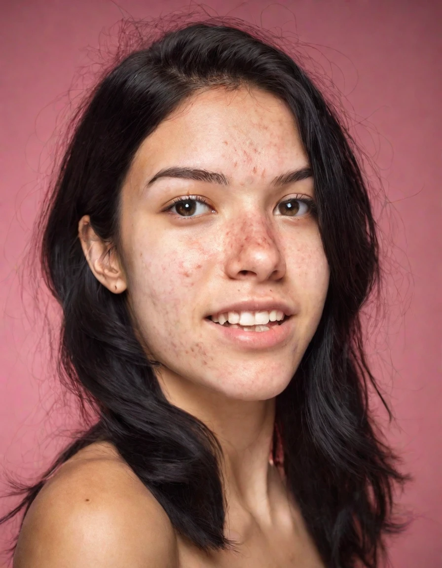 photoshoot photo of a 25 year old woman, acne, imperfect, black hair, flirting with the camera, photo studio, studio lighting.