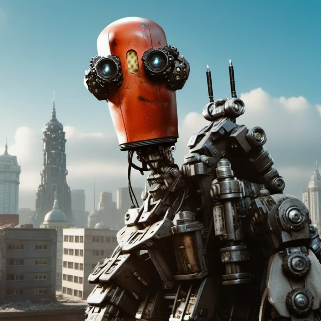 JeffFinch1024, a robot , post apocalyptic city background, highly detailed, photography, ultra sharp, film, bokeh, professional, 64k   <lora:JeffFinch1024-000400:0.8>