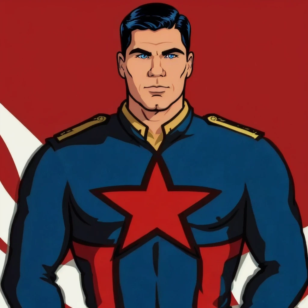 cartoon of archerfx <lora:archerfx-v1:0.7>, male, blue eyes, slim, narrow waist, broad shoulders, capitan america outfit, military field background