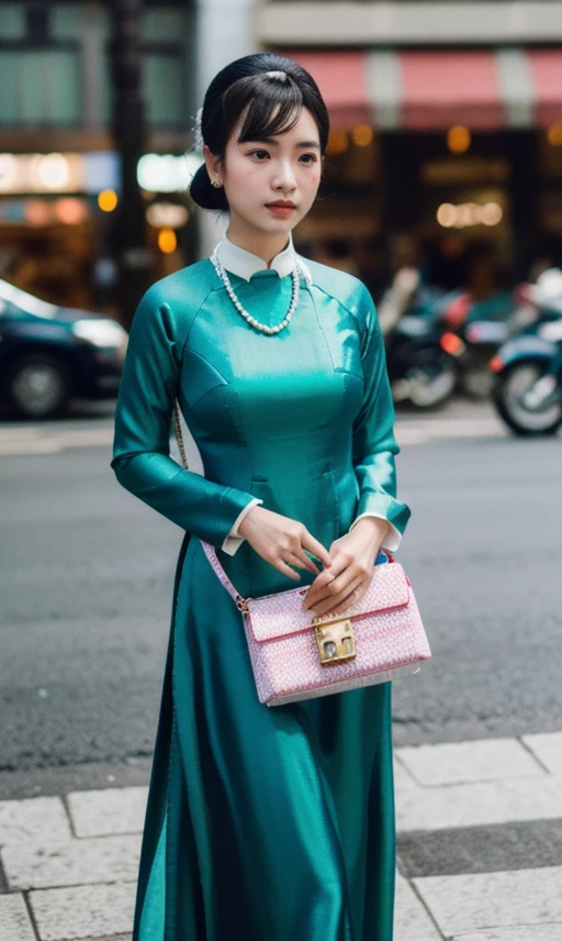 1 girl, standing on the street, ao dai, madam nhu, Saigon, RAW photo, pearl necklace, (high detailed skin:1.2), 8k uhd, dslr, soft lighting, high quality, film grain, Fujifilm XT3