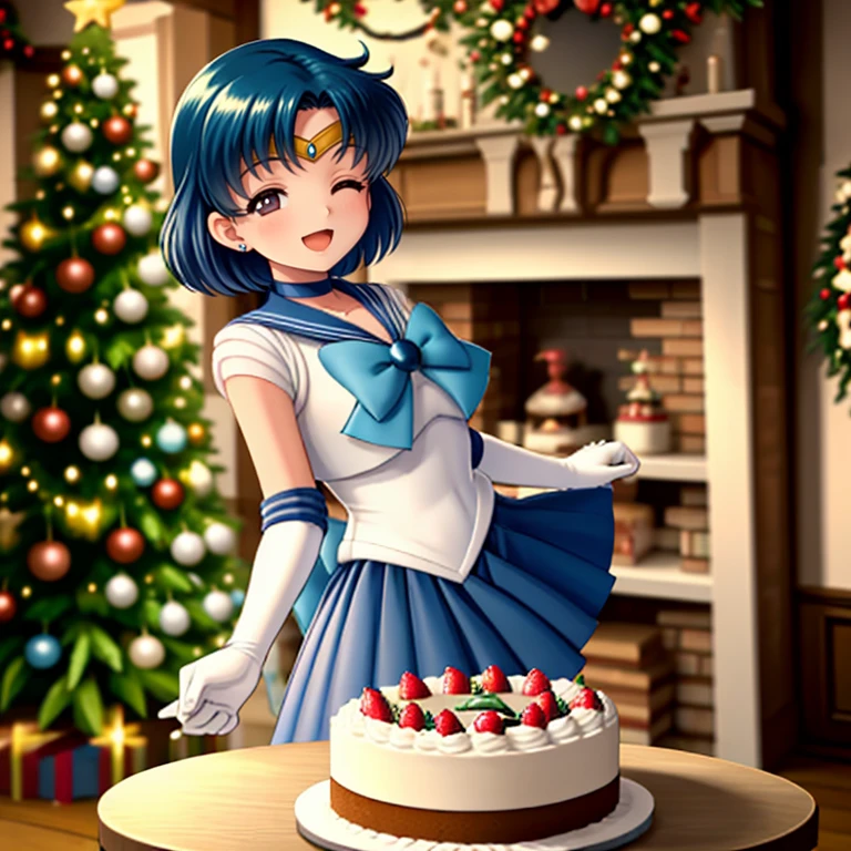 <lora:LCM_LoRA_Weights_SD15:1>,masterpiece,best quality,highly detailed,1girl,solo,smile,light smile,open mouth,closed eyes,
<lora:mercury_v2:1>, mer1,tiara,sailor senshi uniform,blue sailor collar,bow,knee boots,choker,white gloves,blue choker,elbow gloves,jewelry,earrings,blue skirt,
BREAK
<lora:happyChristmas:0.4>,celebrateCake,christmas,christmas lights,christmas ornaments,christmas tree,merry christmas,solo focus,(((celebrateCake, standing next to a christmas cake))),