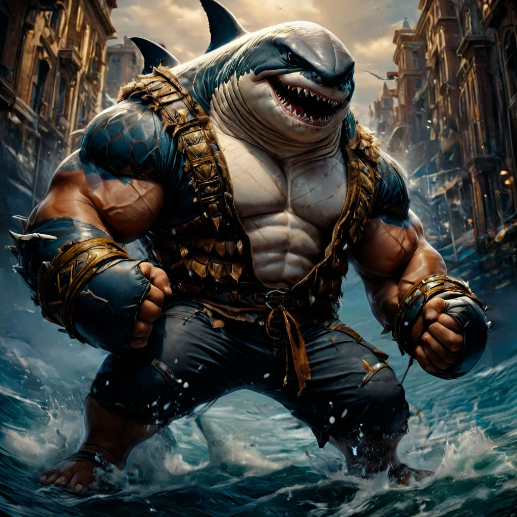 professional breathtaking cinematic movie still of an giant massive huges muscles ,fighter boxing anthropomorphic shark wearing an reptilian a fur vest 